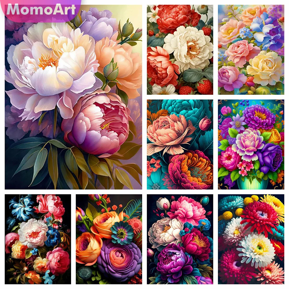 Momoart Peony Diamond Painting Flower Needlework Embroidery Colorful Picture Rhinestones Mosaic Handicraft