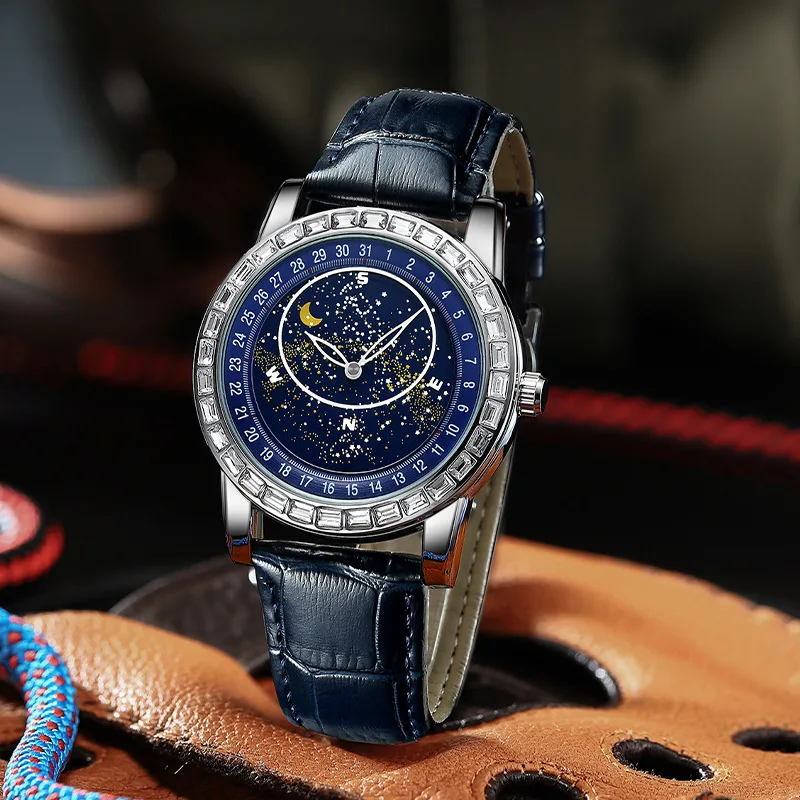 Men's Stainless Steel Diamond Rotating Bezel Automatic Watch Luminous Starry Sky Display Waterproof Precision Leather Strap