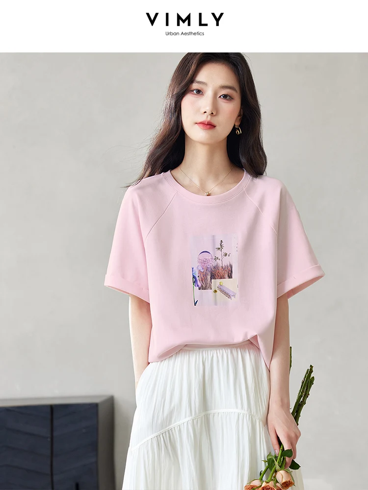 

VIMLY Women's Chic Printed Short Raglan Sleeve T-Shirt Summer New Simple Commuter Casual Loose Top Round Neck Pink Blouse