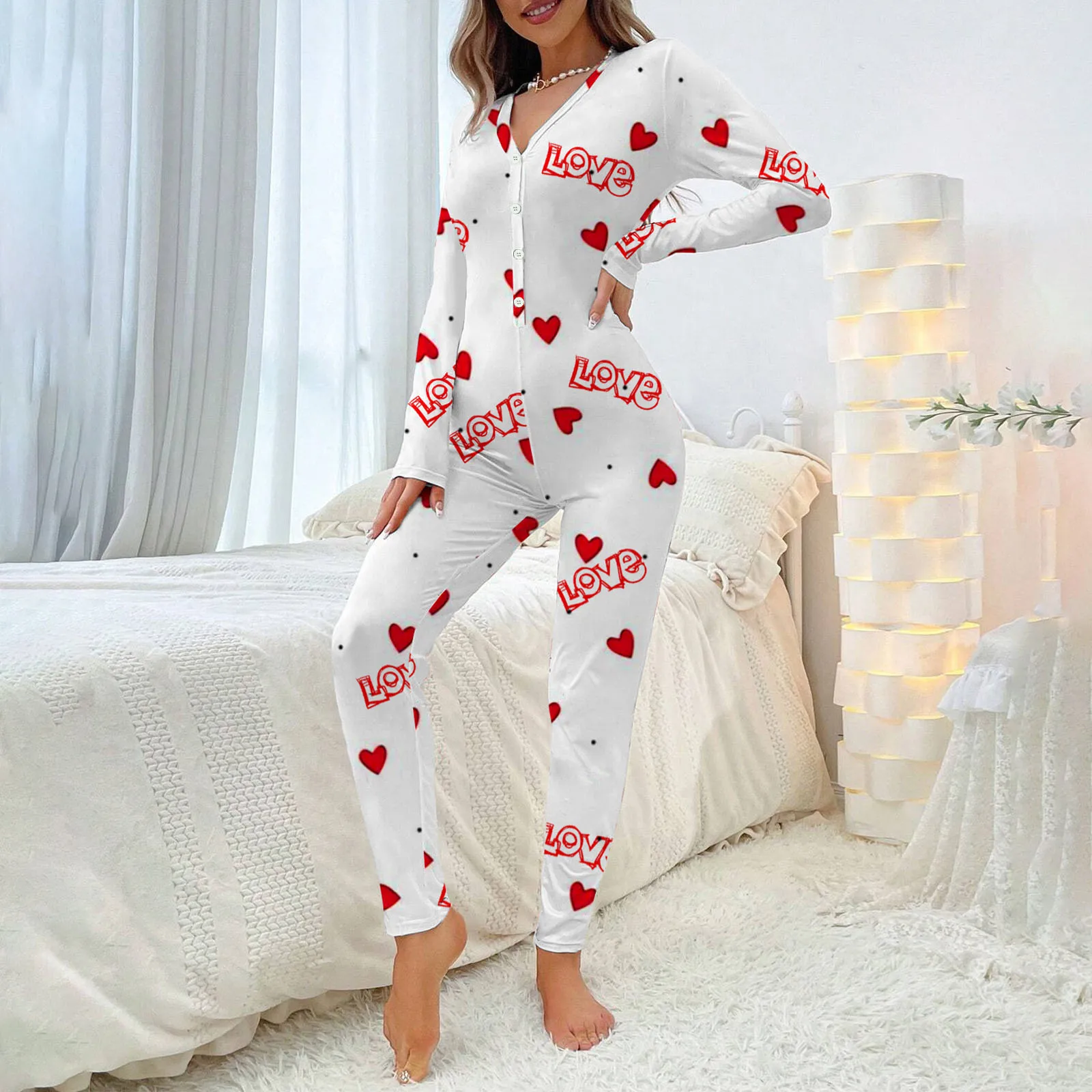 

Women Valentines Pajama Jumpsuit Long Sleeve Deep V Neck Heart Print Bodysuit Sexy OnePeece Oneies Outfit Sleepwear