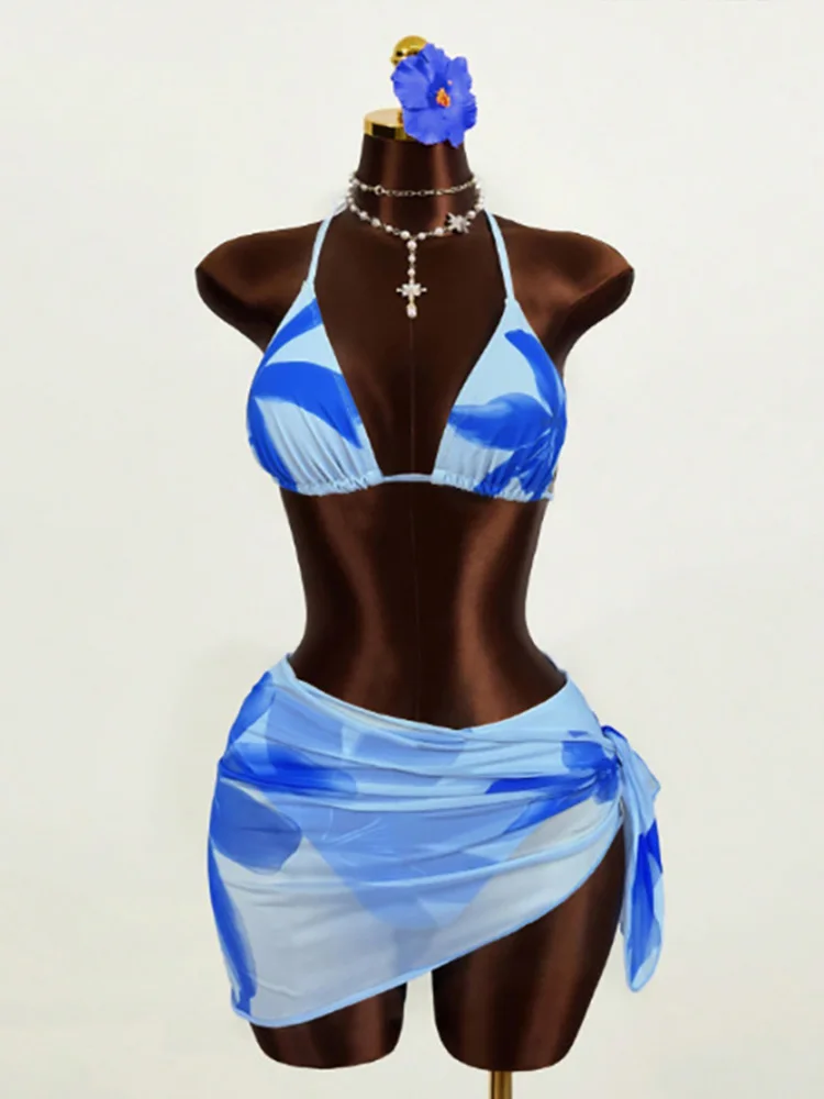 

Комплект из 3 предметов: сексуальное кружевное бикини с принтом и шнуровкой, раздельный купальник, пляжные бикини и сетчатая юбка, коллекция 2026 года, всесезонный, без спинки