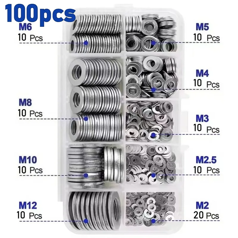 

100/200/400/600 Pcs Stainless Steel Flat Washers Set M2-M12 DIY Industrial Repair Kitchen Decoration Plain Washers Spacer Shim