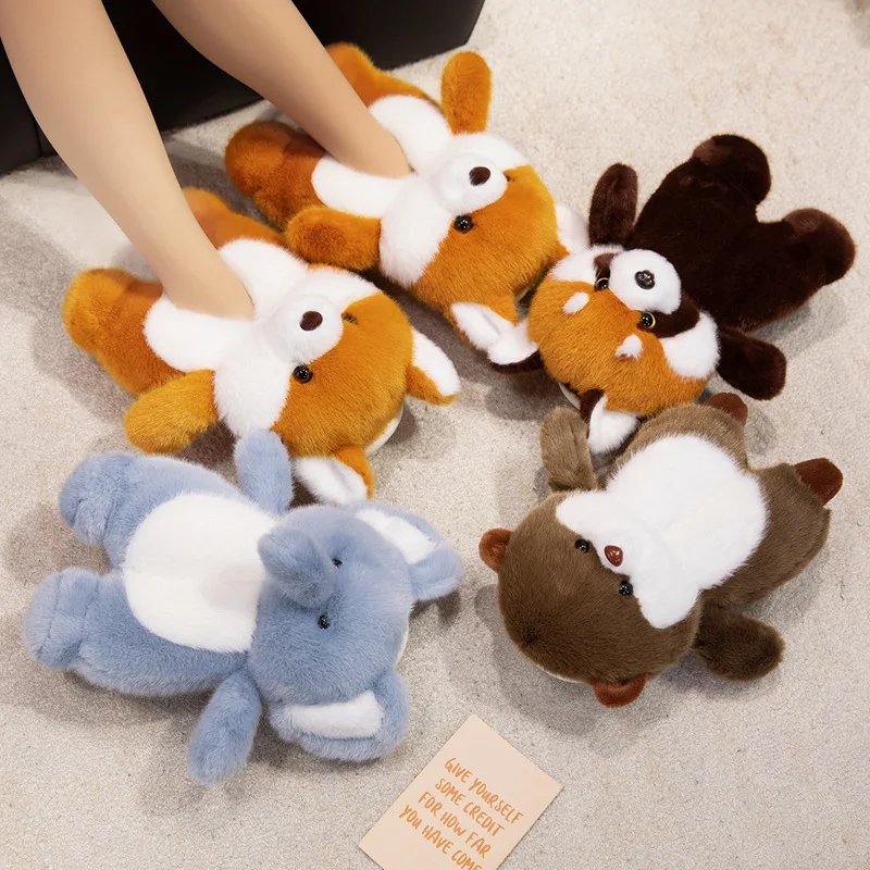 

Winter Warm Plush Slippers Cartoon Elephant Otter Raccoon Fox Indoor Slides Non-Slip Soft Cotton Mule for Girls Boys House Shoes