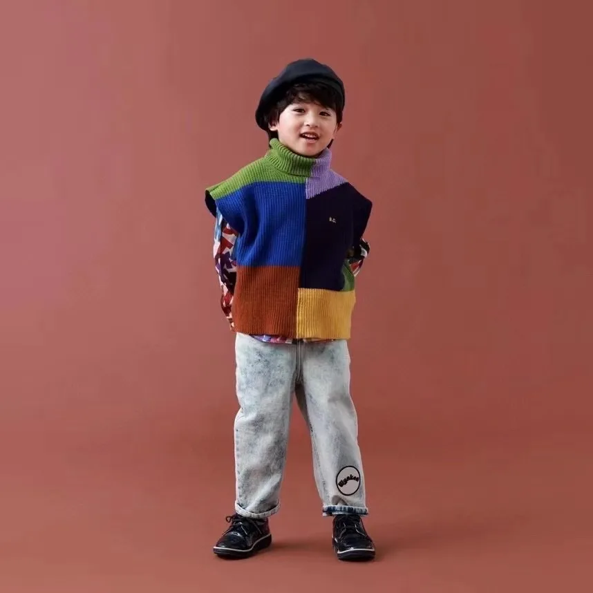 In stock! 2024 INS patte Children\'s Sweater Autumn/Winter Girls\' Cartoon Color Block Pullover Vest Cardigan Boys\' V-neck Knit