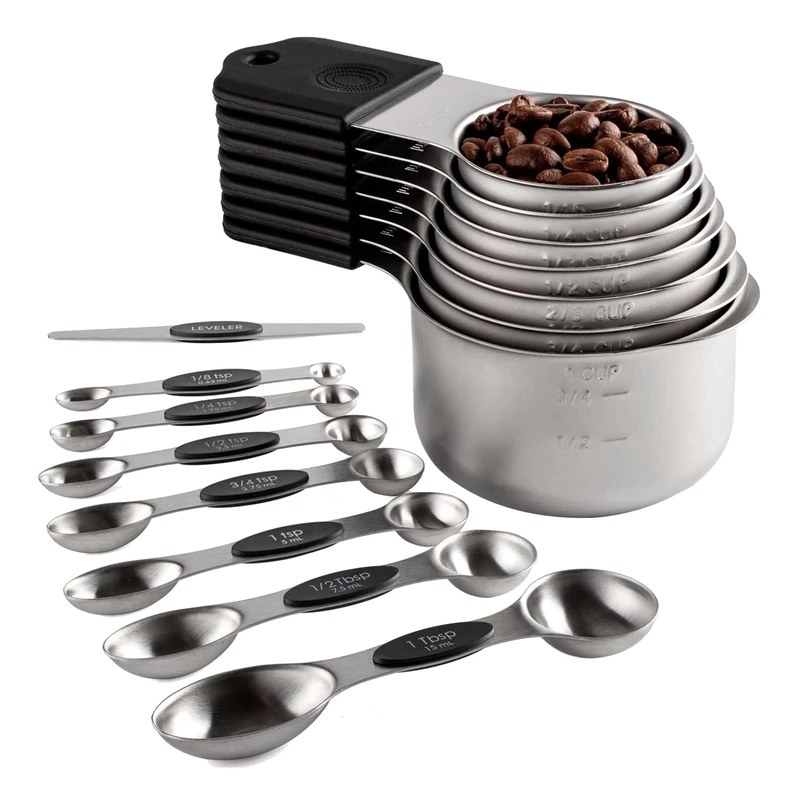 Magnetic Measuring Cups and Spoons Set Including 7 Measuring Cup 7 Measuring Spoons with 1 Leveler for Dry and Liquid-A55K