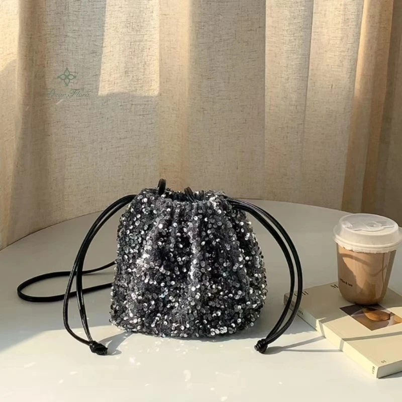 New Trendy Versatile Sequin Crossbody Bags High Quality Women Drawstring Pleated Shoulder Bags Luxury Soft Bucket Handbags Party