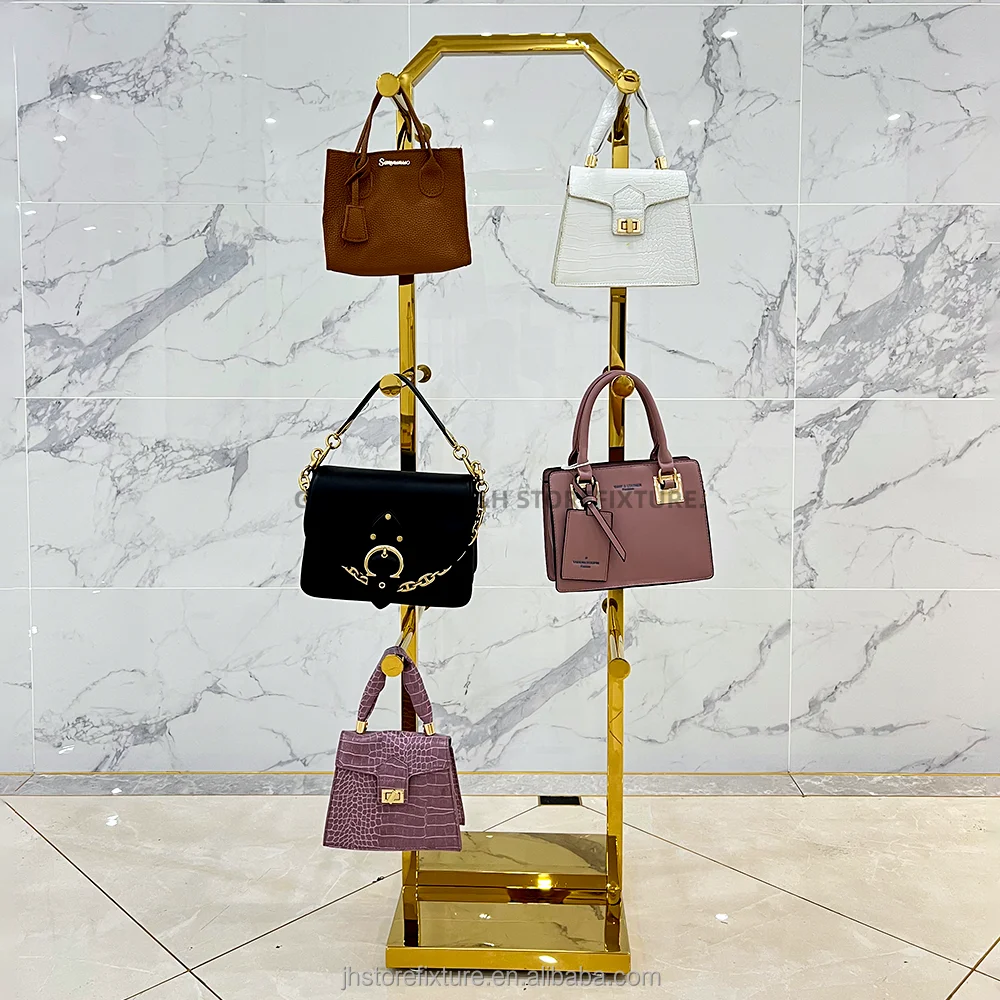 

Custom.China Manufacturer Luxury Handbag Store Interior Design Gold Stainless Steel Display Stand Holder Bag Display Stand
