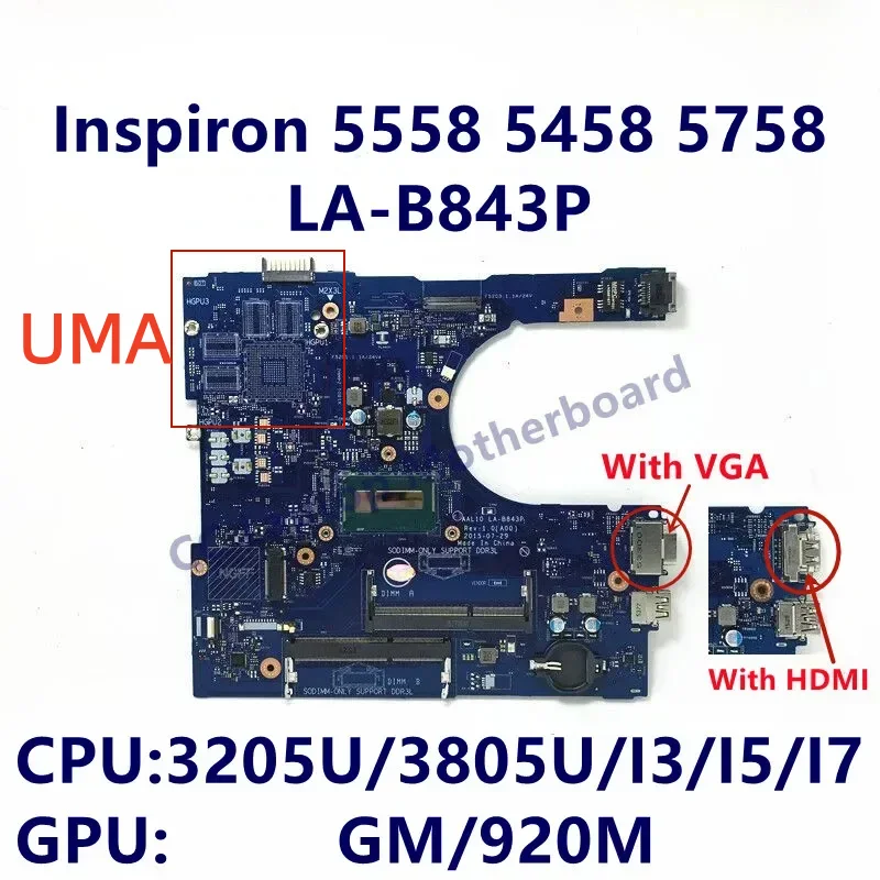 Placa-mãe para laptop dell Inspiron 5458 5558 5758, LA-B843P, com CPU 3825U i3-4005 i3-5005 i5-4210 i5-5200, VGA, HDMI, UMA, DDR3