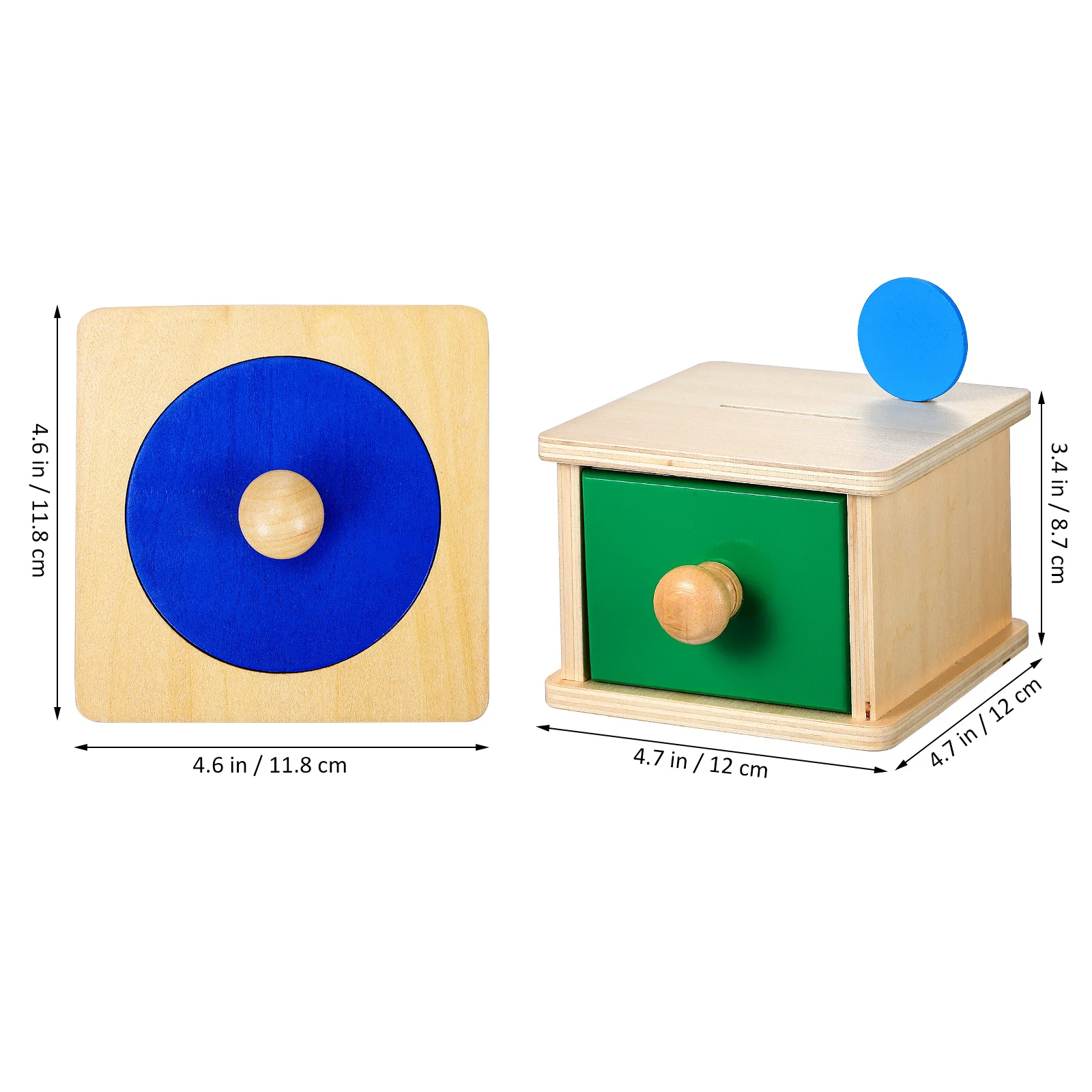 Juego de 2 cajas de rompecabezas con incrustaciones geométricas, ranura para monedas de madera, aprendizaje Montessori para niños pequeños, juego de clasificación de bebés de madera