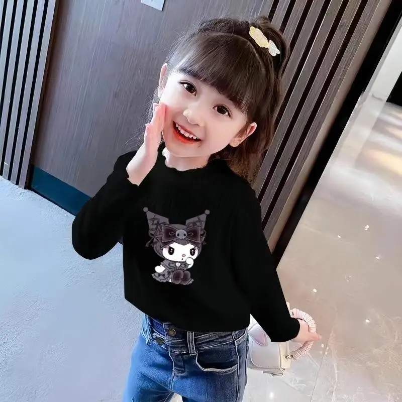 Kawaii الكرتون فتاة Kuromi بأكمام طويلة تي شيرت أنيمي سانريو جديد الربيع والخريف نصف سلحفاة الرقبة تنوعا قاعدة قميص عادية