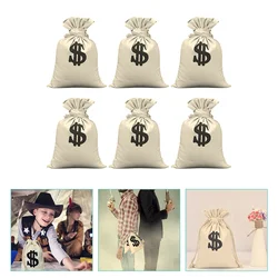 6pcs Canvas Money Bags Costume Money Bags Prop With Dollar Sign Drawstring Bags Money For Christmas Cosplay Theme Party