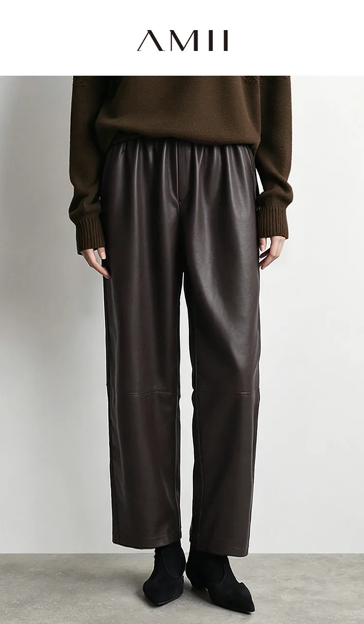 Amii Women Wide Leg Pants Mid Rise Elastic Waist Ankle Length Solid 2026 Autumn Commute Loose Casual Woman PU Trousers 12643003