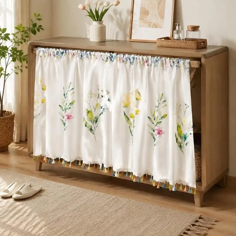 Decorative Cabinet Cover Curtain, Gathered Polyester Panel with Rod Pocket Hanging and Cold-Water Hand-Wash Care 55KF
