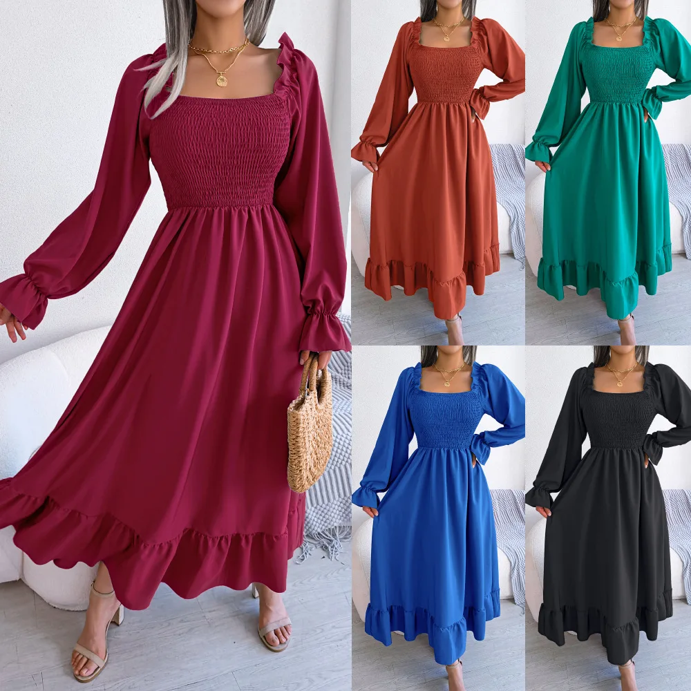 

2025 Spring Summer Women's Dress Solid Color Squar Collor Flare Sleeve Dress For Women Lotus Leaf Edge Long Dress Beach Dress