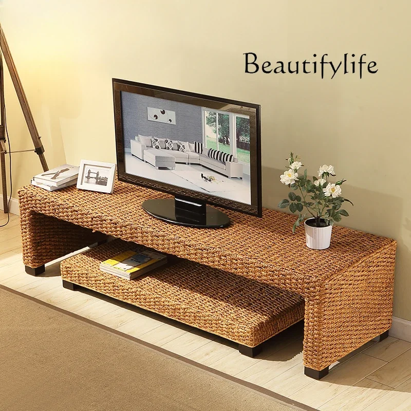 N36 Japanese medieval rattan solid wood TV cabinet household simple floor audio-visual cabinet