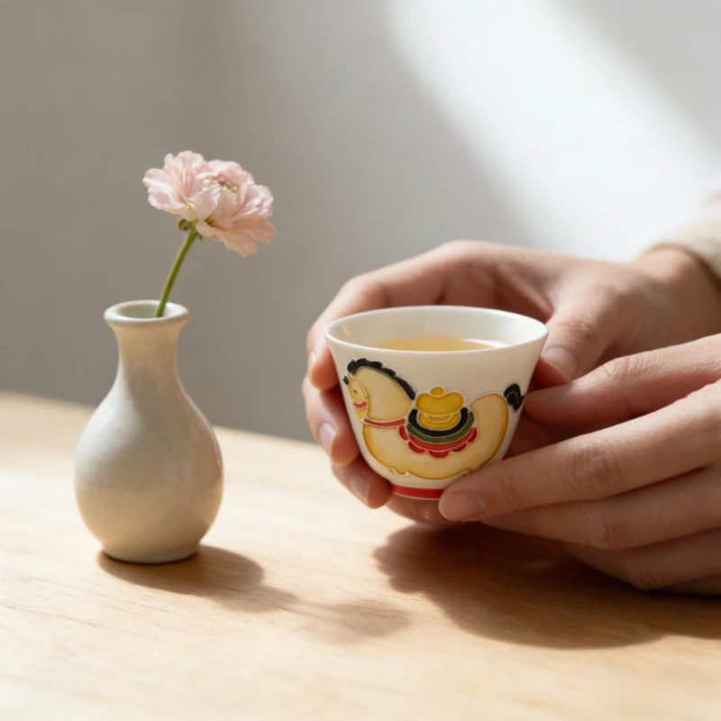 

Новогодняя керамическая чашка для чая «Год Лошади», расписанная вручную, для дегустации чая, для домашнего приема гостей, в китайском стиле, для чайной церемонии Кунг-фу