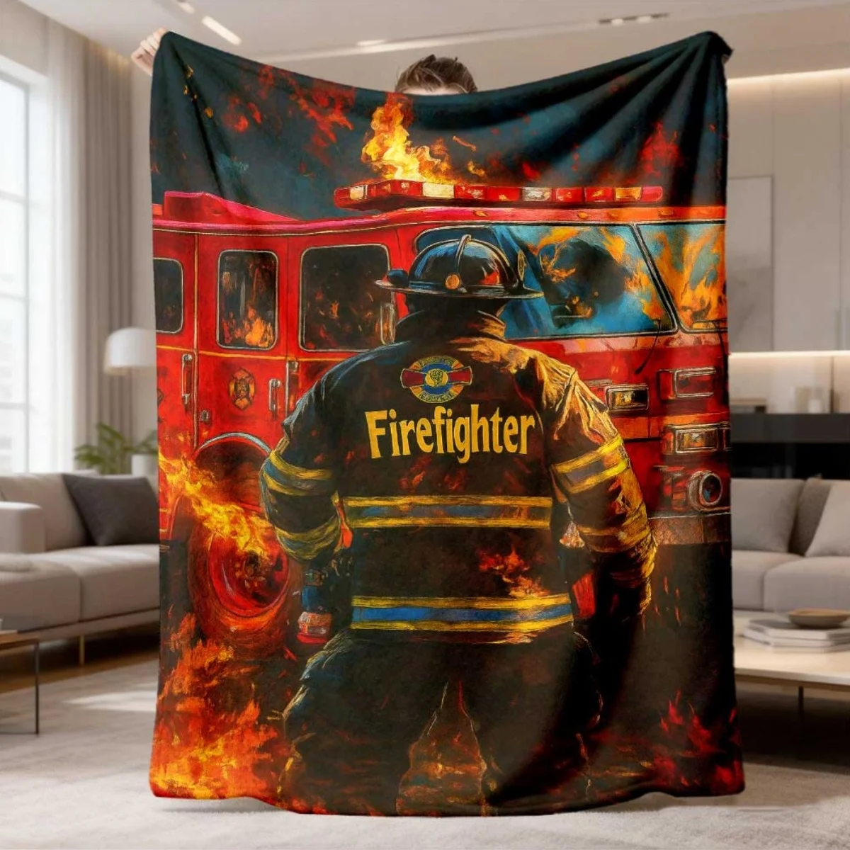 Brave Firefighter Pattern Flannel Blanket Lightweight Warm Plush Throw Blanket Fire Truck & Flame Fireman Art Decor Blanket