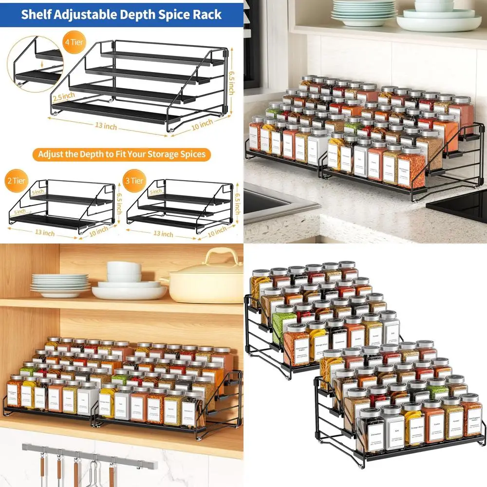 

Dual-Tier Black Metal Spice Rack Organizer for Cabinet and Countertop, Adjustable Depth, 2-Pack