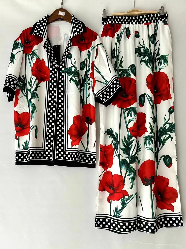 Luxury printed loose long-sleeved shirt 2024 spring and summer women's two-piece suit+elastic waist straight pants casual suit