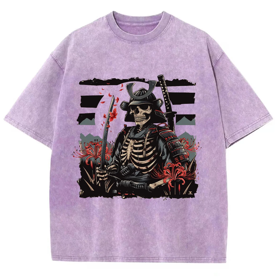 Skeleton Ukiyoe Samurai Shirt, Hiphop Tops Y2K Washed T-shirt, Oversized Streetwear Vintage Washed Surf Tshirts For Women Men