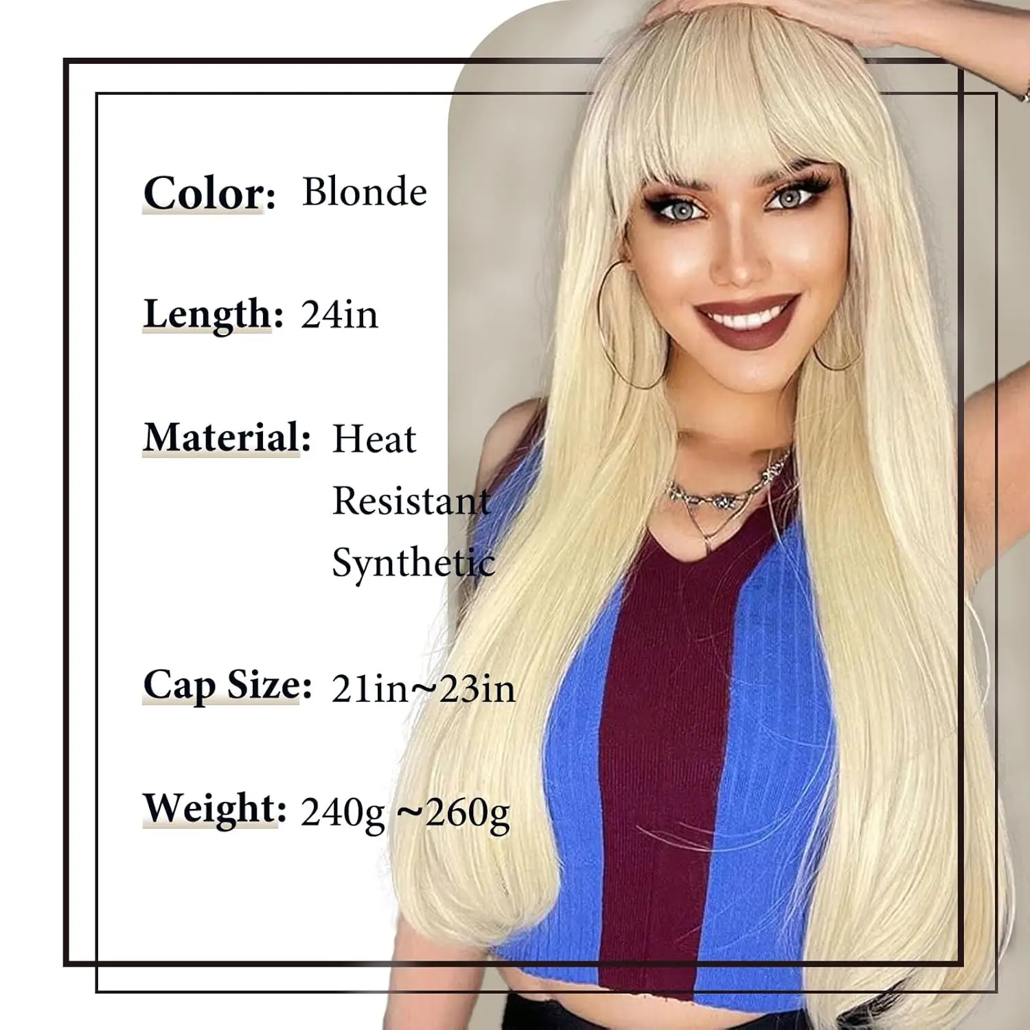 Women's Blonde Wig with Bangs, Long Straight Blonde Wig, Gray Heat-Resistant Synthetic Natural Hair Wig, Colored Cosplay Wig for Party, Halloween, Daily Use 24inch