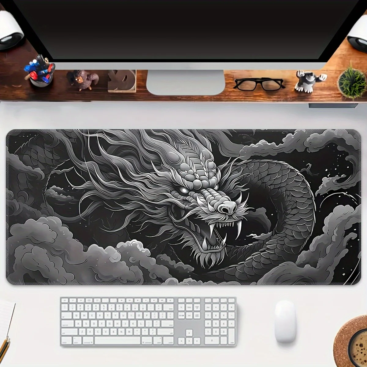 Mouse Pad Large Dragon Gaming Desk Mat Monochrome Design with White Black playmat Washable Office Non-Slip Keyboard Computer pad