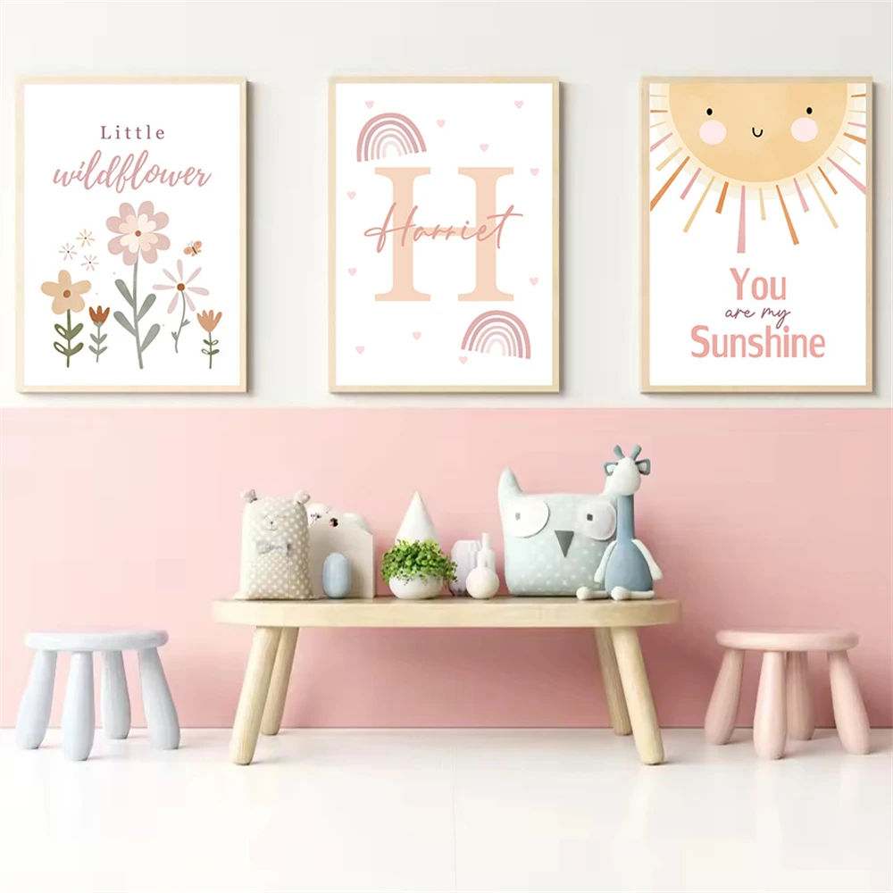 Baby Custom Name Poster Cute Sun Canvas Painting Wildflowers Rainbow Wall Art Print Nordic Nursery Pictures Kids Room Decoration
