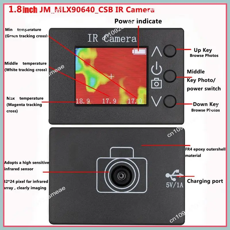 

N94R MLX90640 Инфракрасный датчик температуры Простой тепловизор 1,8-дюймовый ЖК-экран Ручной ИК-термограф Камера Черный пластик