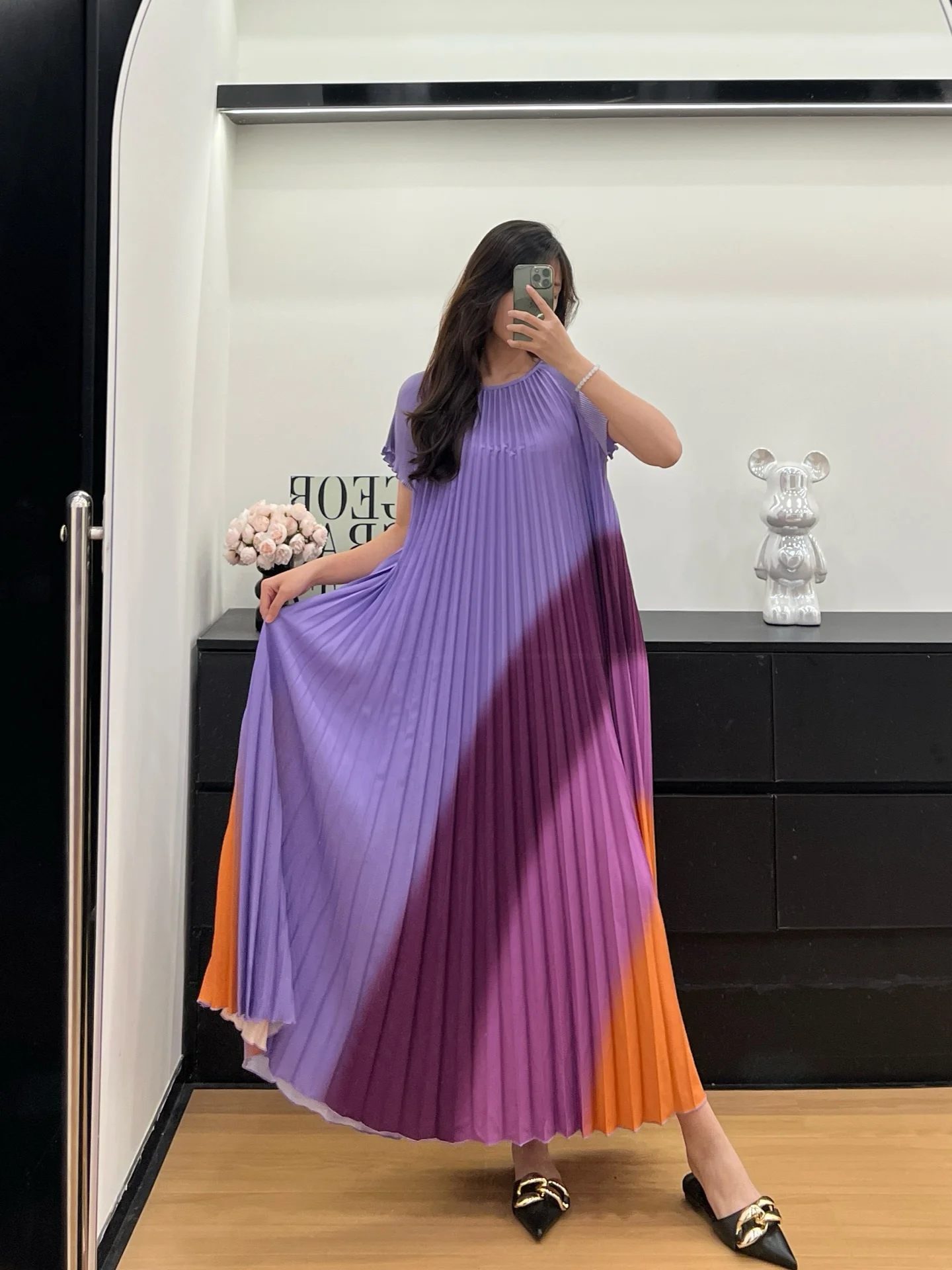 

Europe United States Women Dress Round Geometric Pattern Print Loose Big Size Folding Design Dress 2025 Summer New Female