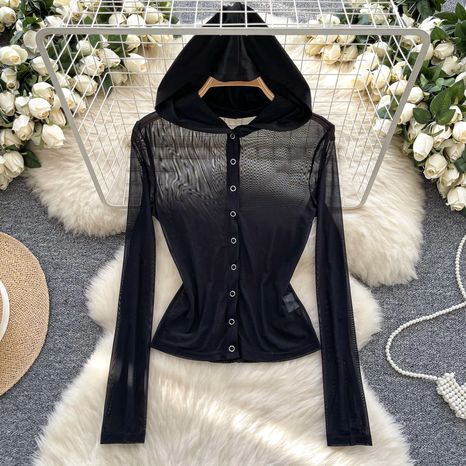 

Hotsweet Basics Long Sleeves Casual Hooded Vintage Mesh Single Breasted Slim Top Streetwear High Street Autumn Women Sweatshirts