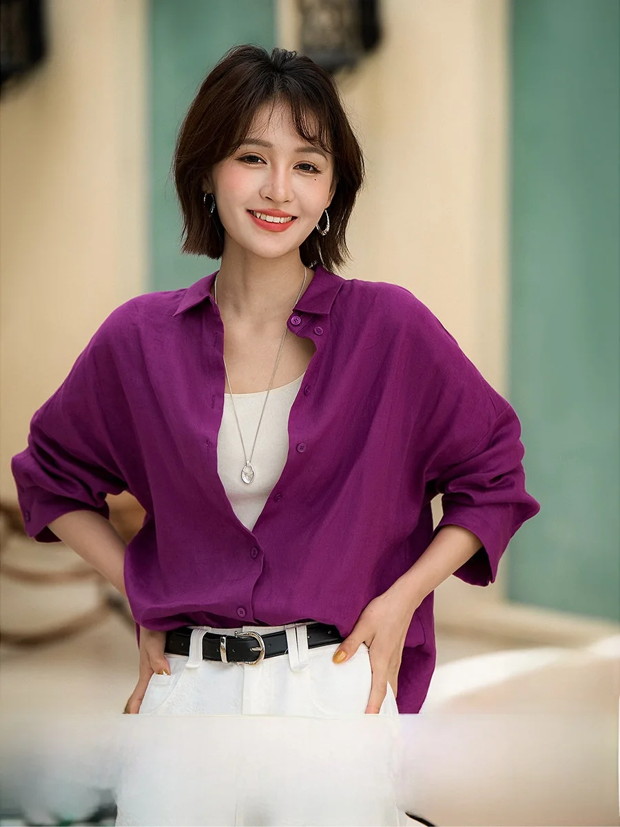 

Xhange Berry Purple Linen Shirt Women's Loose Fit Shoulder Drop down Style Spring Summer Casual Breathable Comfortable OL Shirt
