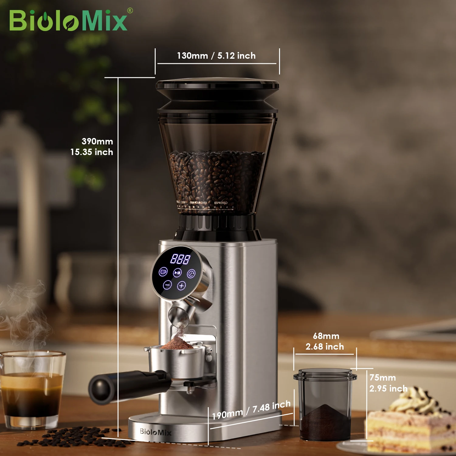 BioloMix Professioneller Kaffeemühlen mit Mahlwerk, 48 Einstellbare Stufen & Abnehmbarer Halter - Ideal für Espresso, Filterkaffee, Pour Over, French Press