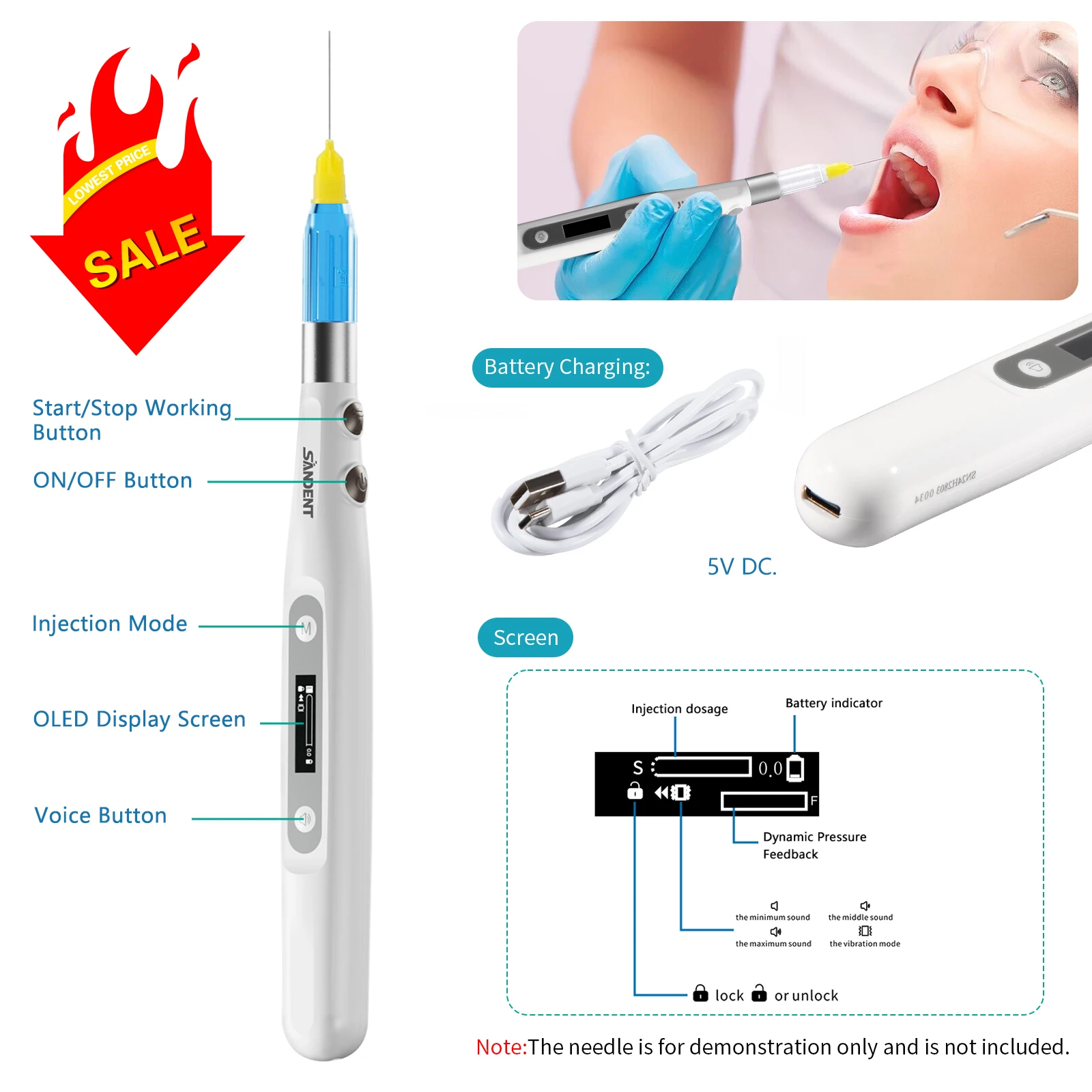 SANDENT Dental Painless Oral Electronic Anesthesia Delivery Device LCD Injector Pen