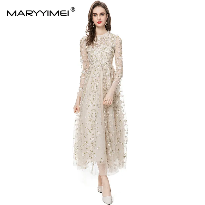 Maryyimei Mode Nieuwe Elegante Mesh Patchwork Met Lange Mouwen Geborduurde Slanke Pasvorm Lange Shaggy Maxi-Jurk Voor Dames