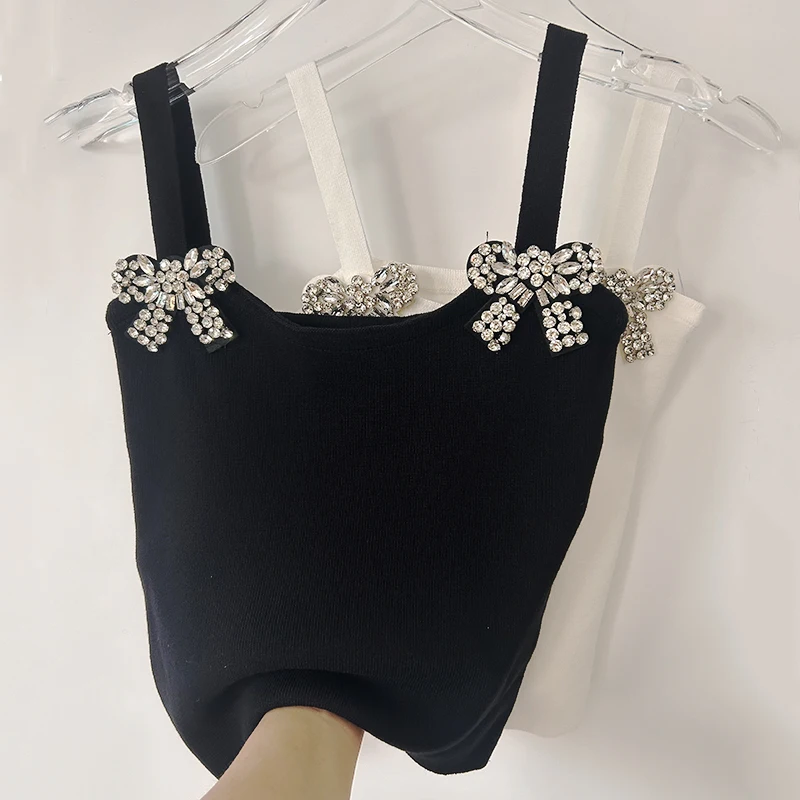 Canotta lavorata a maglia Single-Wear con fiocco da donna 2024 Summer New Skinny Slimming All-Matching Short Top White Y2k Slings Clothes