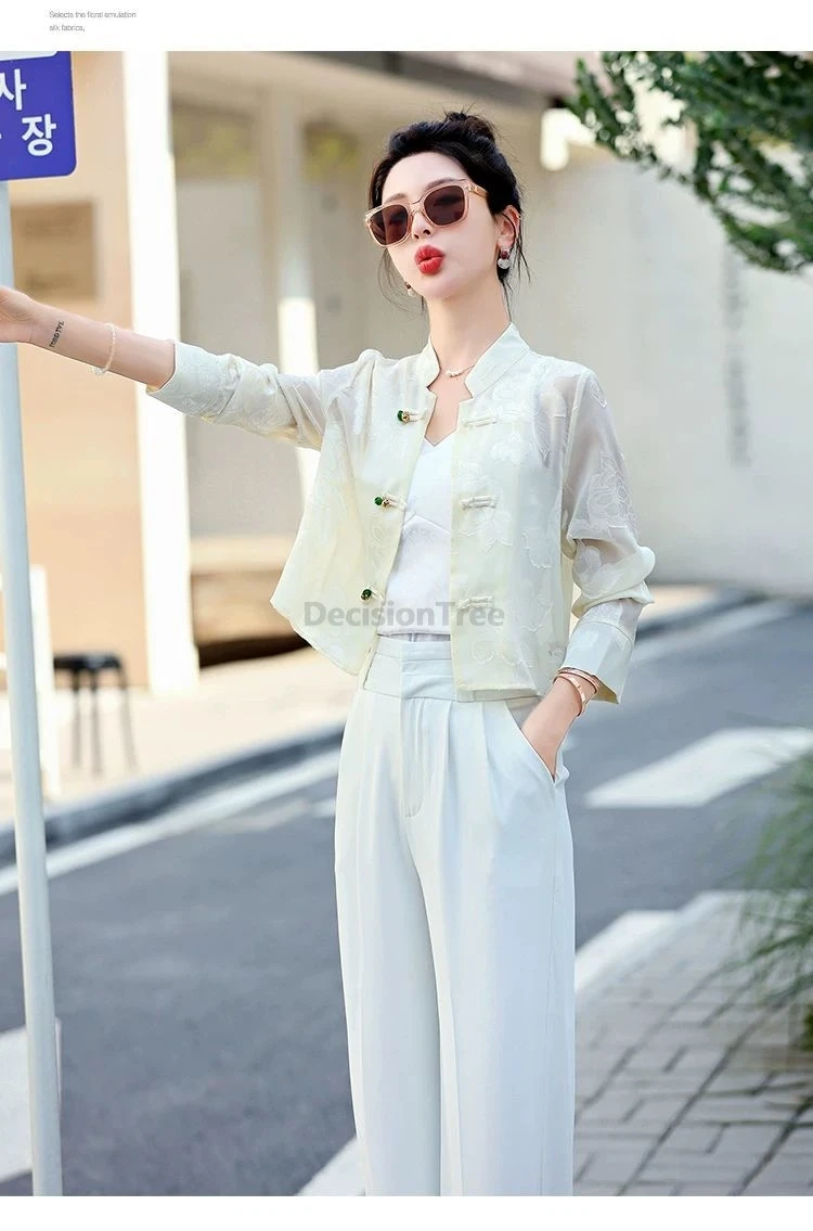 Summer Chinese Style Women Sun-protection Top Elegant Buckle Thin Shirt Long Sleeve Jacquard Chiffon Blouse Daily Tang Suit Top