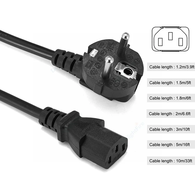 1.2m-5m EU Plug AC Power Supply Cable IEC C13 Type E Power Extension Cord For PC Monitor Computer HP Printer DJ Studio Lights