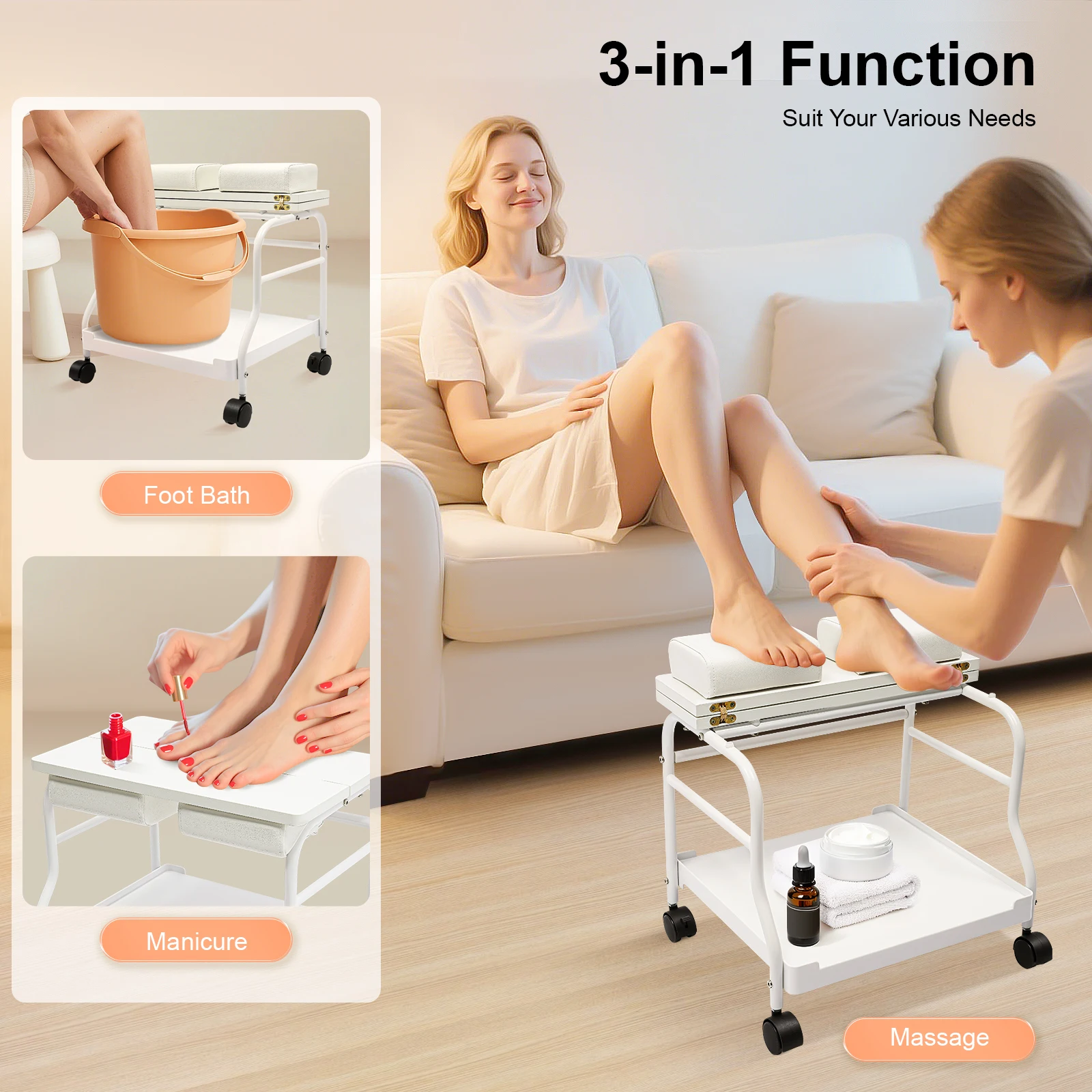 Chariot de pied Portable, chariot de pédicure, chariot de bain de pieds, chariot d'esthéticienne d'ongles de Salon, fournitures de Spa de beauté, blanc