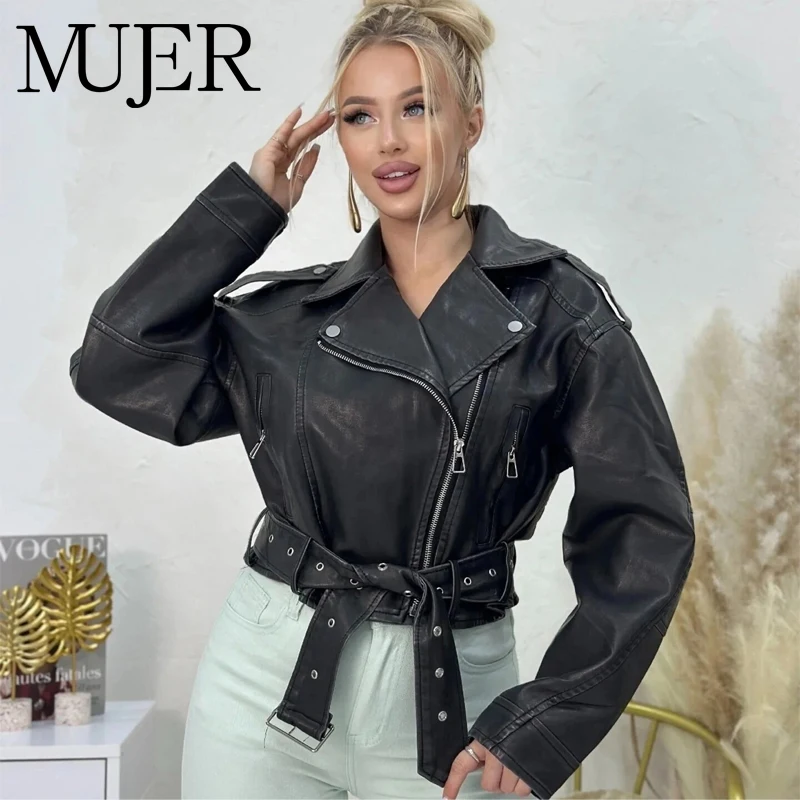

MUJER черные женские куртки-бомберы из искусственной кожи для женщин зимнее пальто с длинным рукавом женская укороченная куртка на молнии с поясом