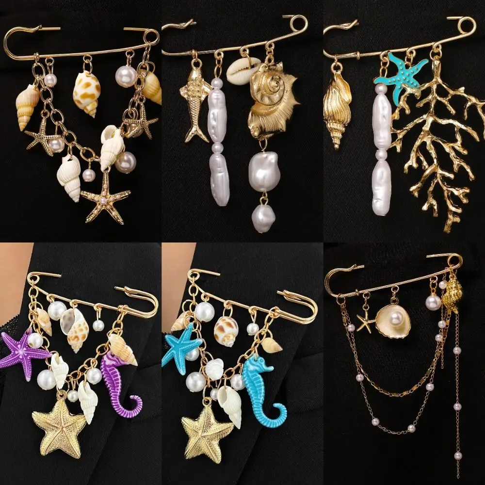 Metal Chain Tassel Shell Pendant Brooch Gold Color Exquisite Design Imitation Pearl Brooch Lapel Pin Style Retro Versatile Pin