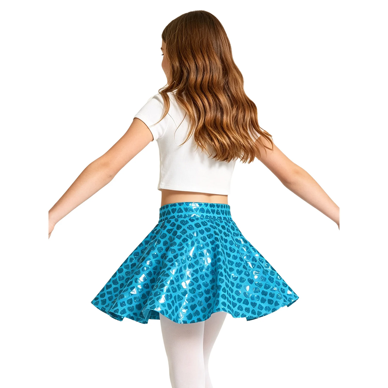 Kids Girls Metallic Heart Print Skirt Elastic Waistband Ruffled Tutu Skirts for Disco Hip Hop Jazz Dance Stage Performance