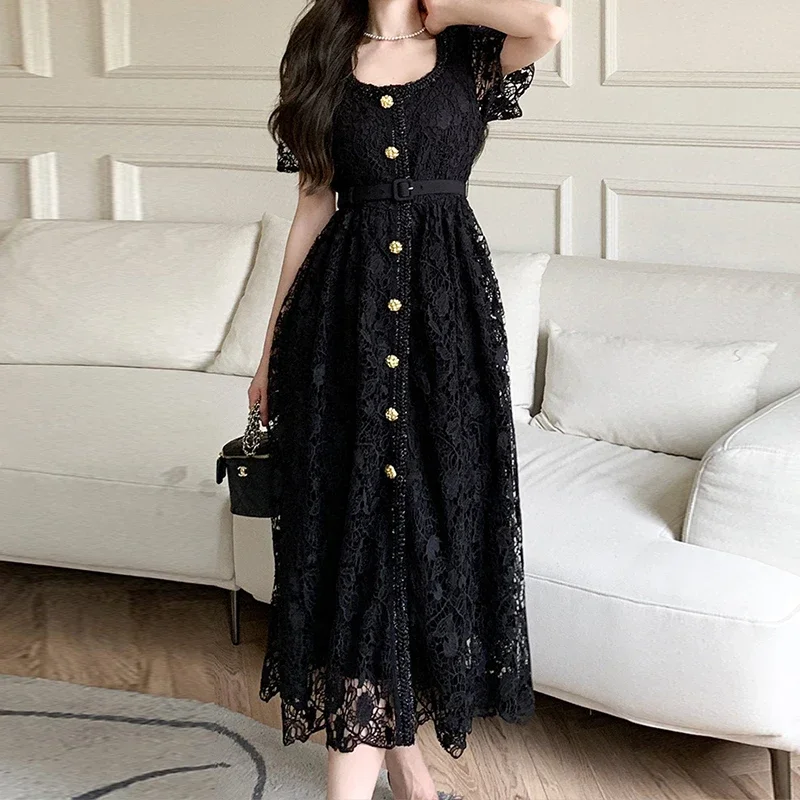 

Vintage Pink Lace Dress Women Hollow Out Square Neck Bodycon Lady Clothing Luxury Design Elegant Party Vestido Summer