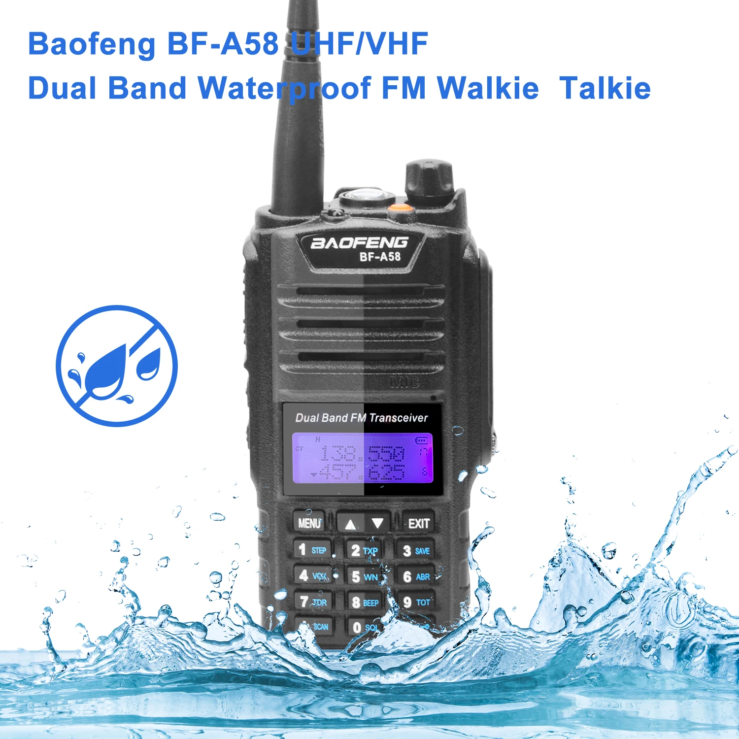 Baofeng-walkie-talkie BF-A58, Radio bidireccional resistente al agua IP57, VHF, UHF, banda Dual, 5W, 128 canales, FM, a prueba de polvo