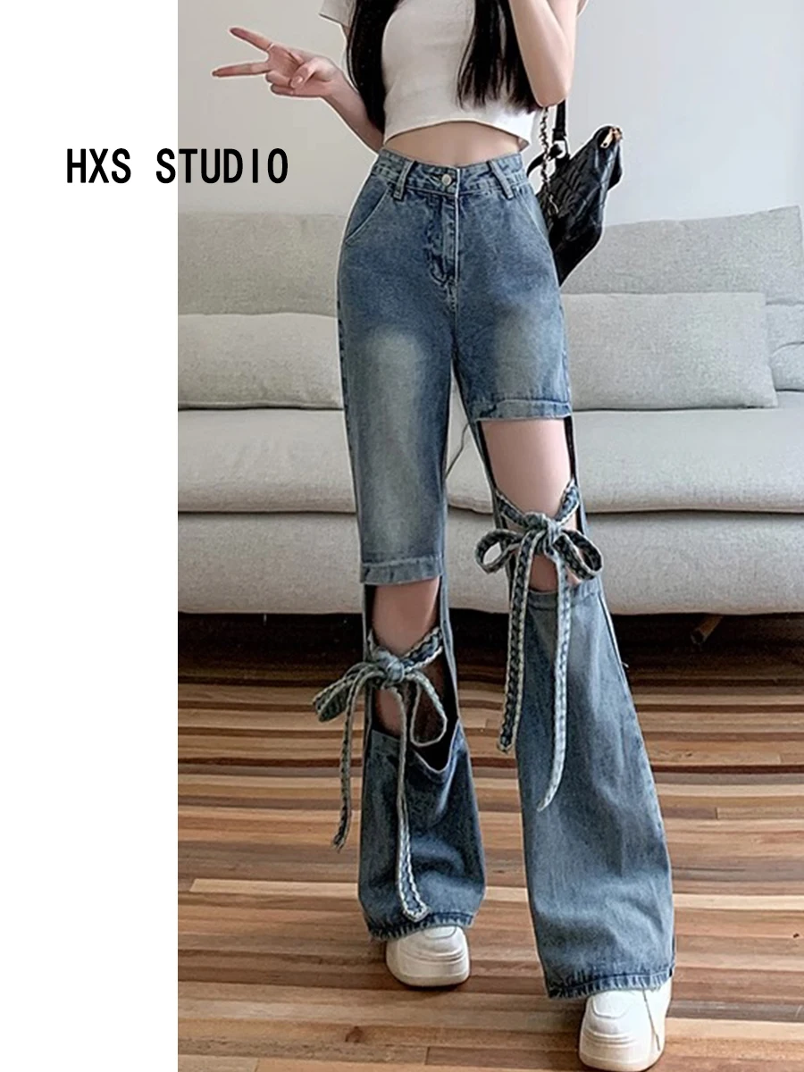 

Blue Denim High Waist Loose Wide Leg Jeans Women's Spring Autumn New Sle Hollow out Straight Leg Jeans with Bow Tie