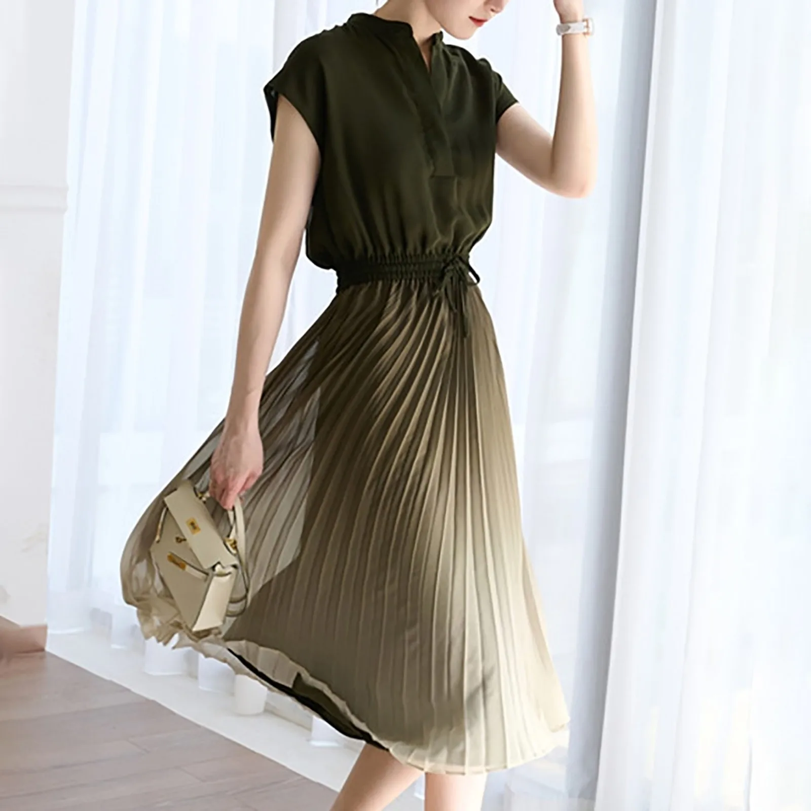 Summer Gradient Dresses CWomen 2025 Pleated Skirt Dress Elegant Short Sleeve A Line Swing Dress Flowy Beach Hoilday Sundress