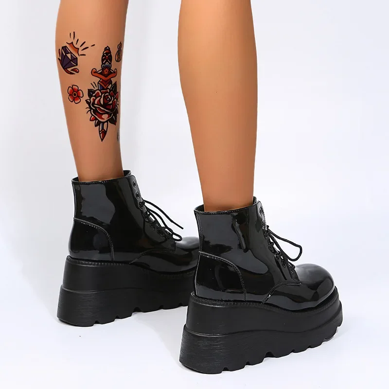 Botas de tornozelo com sola alta e grossa para mulheres, salto inclinável, sapato com renda, preto brilhante, bling claro, inverno