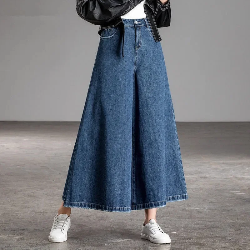 2025 Lady High Waist Denim Pants Skirt Korean Femme Wide Leg Cowboy Trousers Spring Autumn Women New Large Size 6XL Loose Jeans