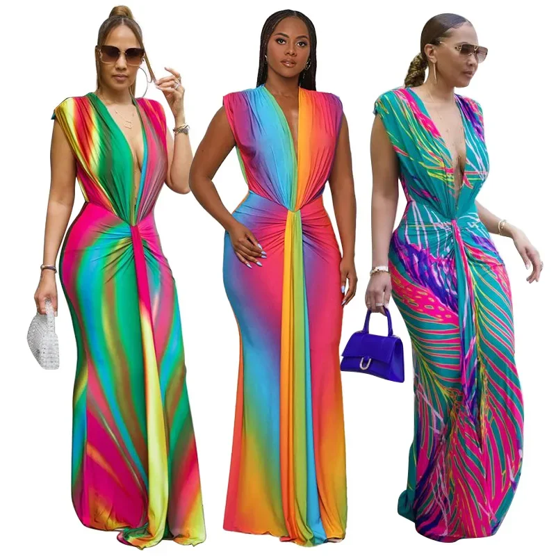 

Summer Holiday Sleeveless V-Neck Long Maxi Dress Street Ruched Women Gradient Print Party Night Evening Vestido Dresses