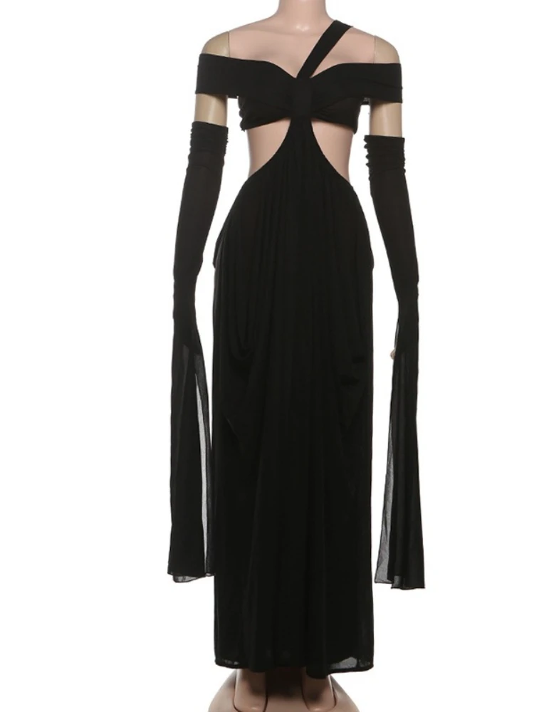 SsTss Mode Off Schouder Lange Feestjurk Vrouwen Sexy Een Band Arm Mouw Uitgesneden Detail Ruches Nachtclub Jurk Elegant gewaad