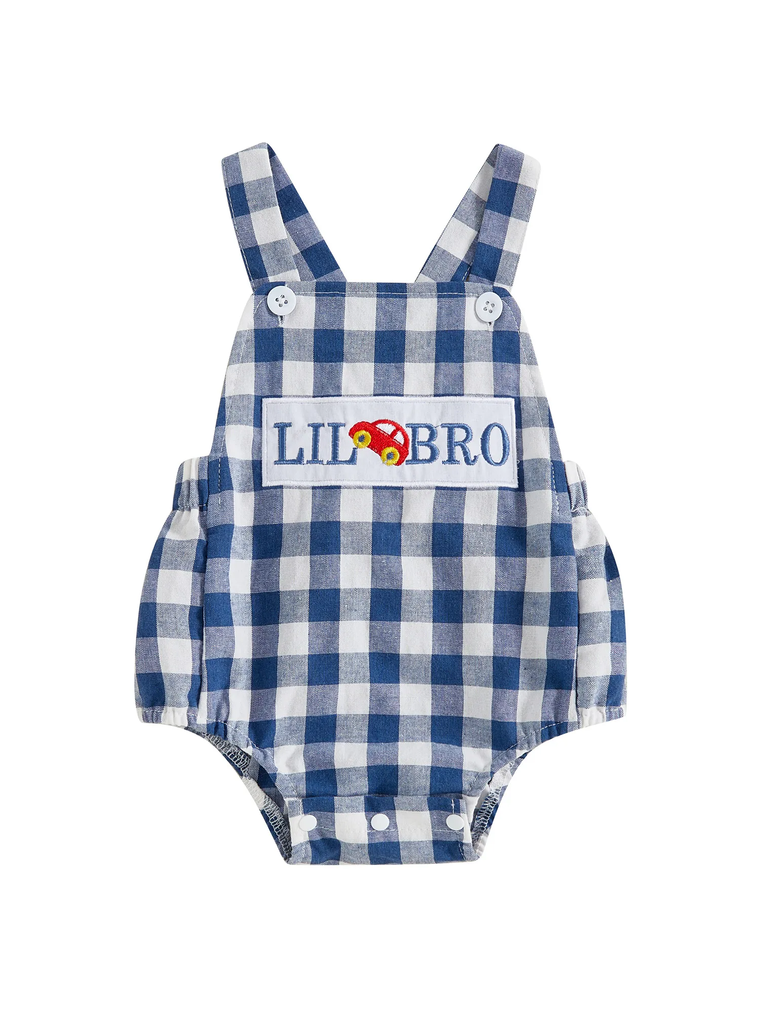 여름 점프슈트를 위한 자동차 자수와 뒤 크로스 디자인이 있는 유아 소년 민소매 격자 무늬 롬퍼 작업복